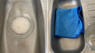 Stainless steel kitchen sink drain with foam resulting from baking soda and vinegar being mixed to clean with a blue microfibre cloth placed over the plughole