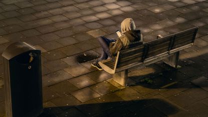 Man on bench, grooming