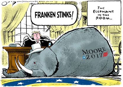 Political cartoon U.S. Trump Roy Moore Al Franken sexual assault