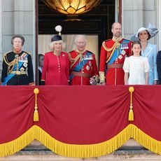 Princess Anne, King Charles, Queen Camilla, Prince William and other members of the Royal Family on the balcony at Trooping the Colour