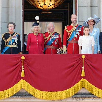 Princess Anne, King Charles, Queen Camilla, Prince William and other members of the Royal Family on the balcony at Trooping the Colour