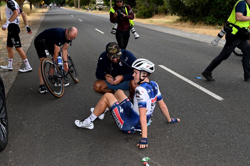 TANUDAZ AUSTRALIA JANUARY 18 James Knox of The United Kingdom and Team Soudal QuickStep crashes during the 23rd Santos Tour Down Under 2023 Stage 1 a 1499km stage from Tanunda to Tanunda on January 18 2023 in Tanunda Australia Photo by Tim de WaeleGetty Images