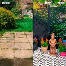 before & after: boho garden sanctuary with painted patio and accessories