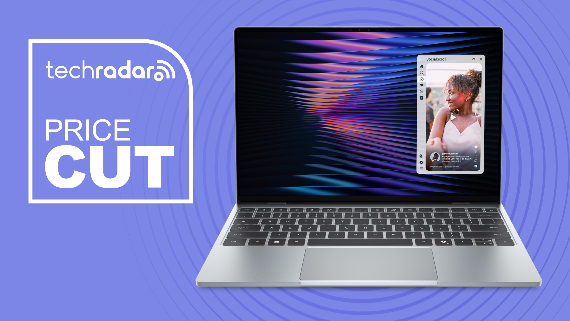 Dell XPS 13 on purple background with techradar price cut text overlay
