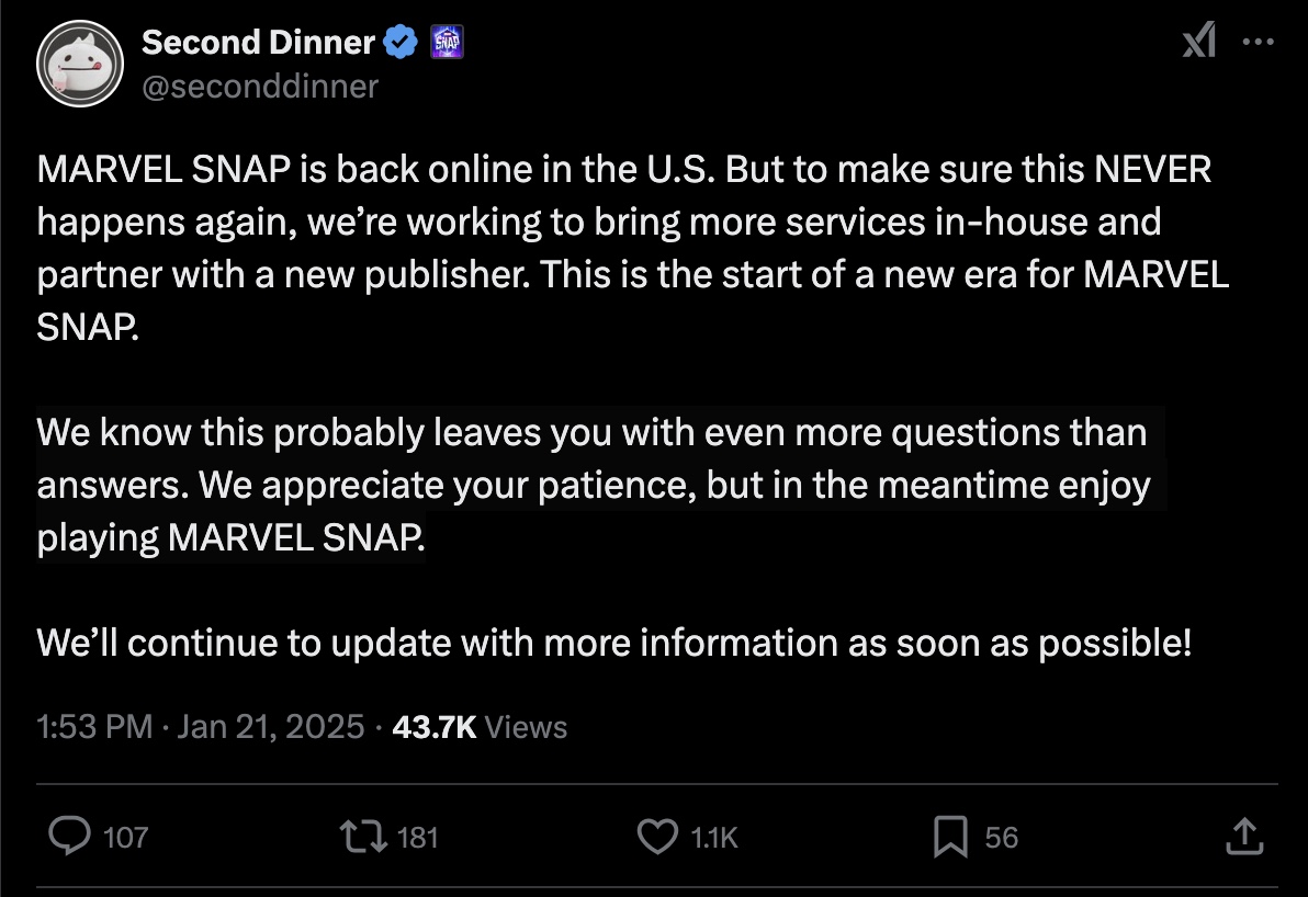 Second Dinner Discusses Marvel Snap Ban After US TikTok Shutdown