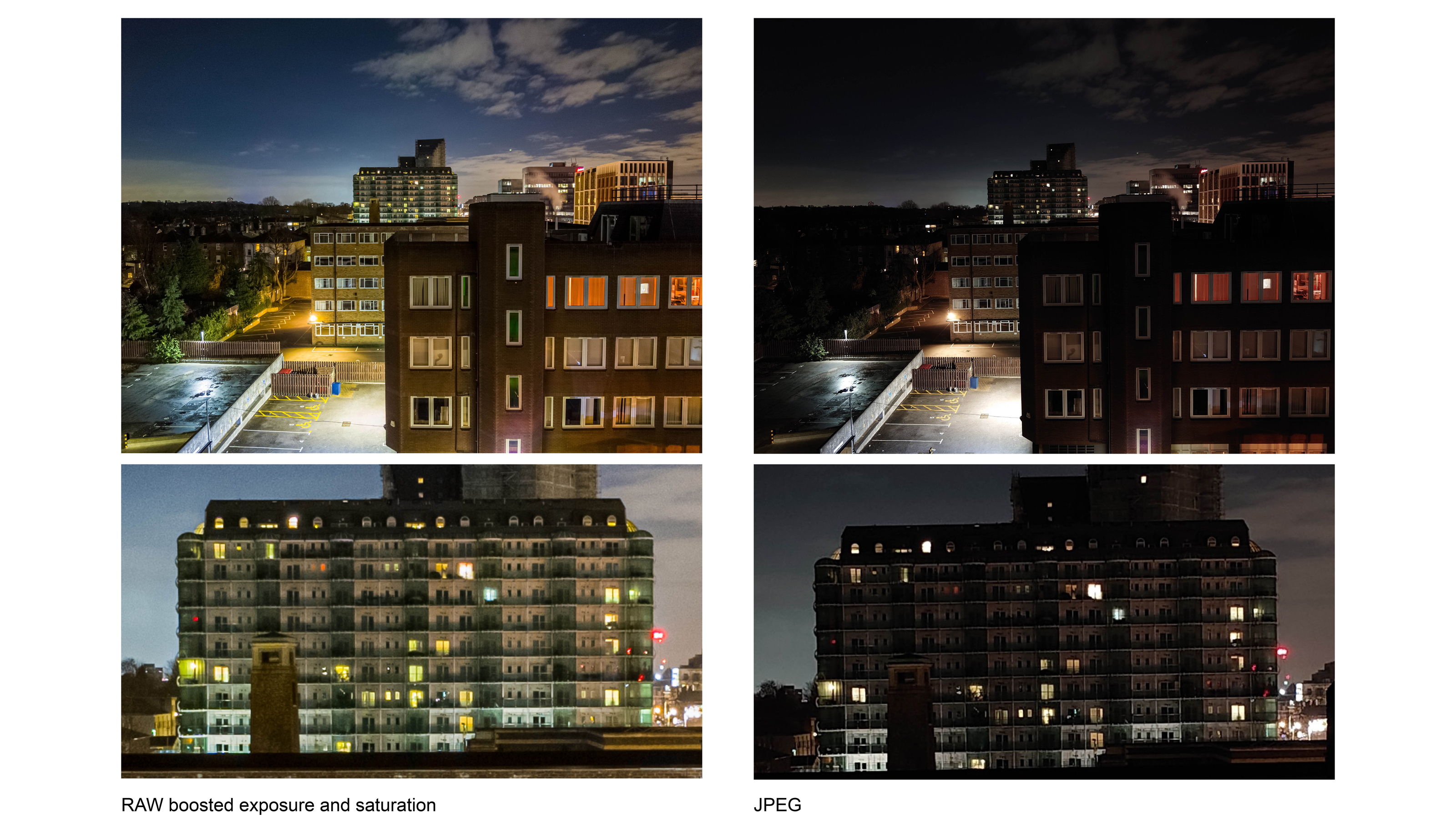 Photos de bâtiments en basse lumière prises avec le Sony Xperia Pro-I