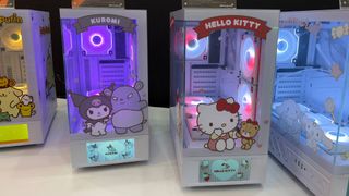 Four of darkFlash's latest co-branded Sanrio PC case collaboration. From left to right, the PC case designs feature PomPomPurin, Kuromi, Hello Kitty, and Cinnamoroll.