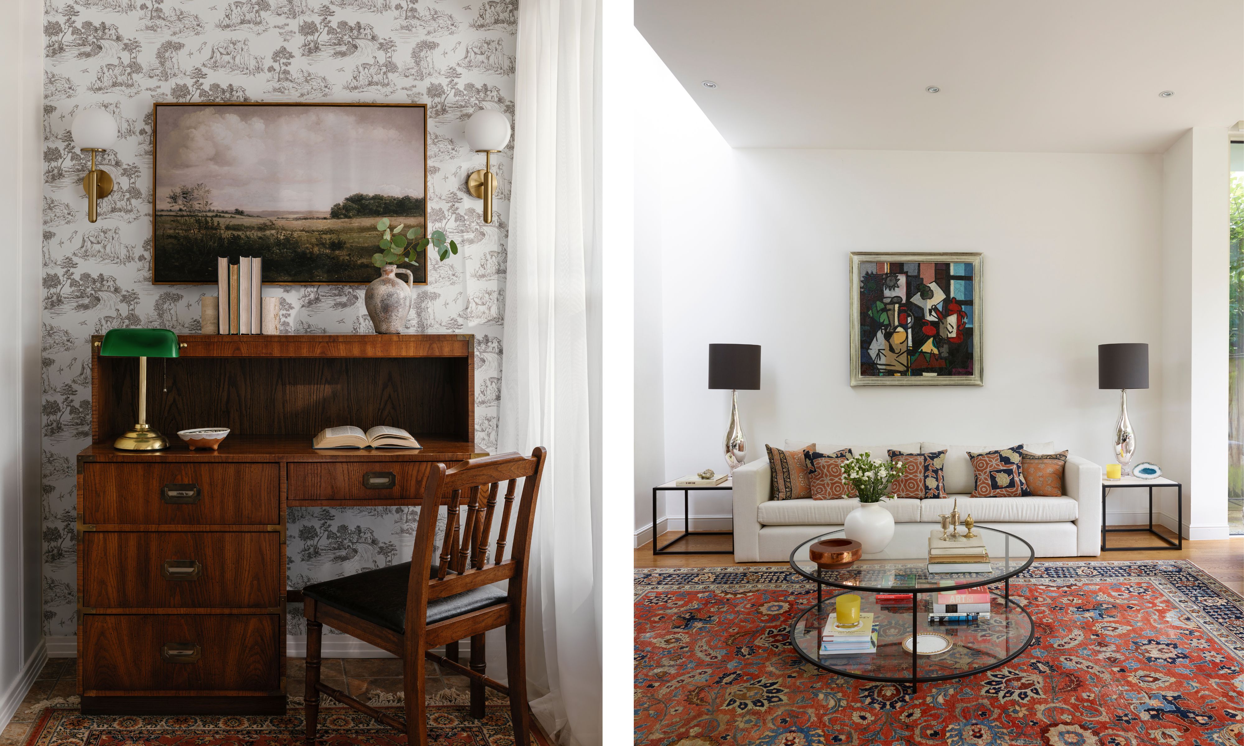 Study with antique desk and chair and Persian rug and living room with cream sofa, modern art and large red persian rug