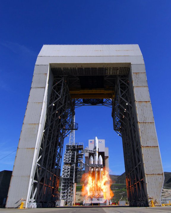 The secret NROL-49 spy satellite blasts off from Vandenberg Air Force Base in California atop a huge Delta 4-Heavy rocket in this photo taken at 1:10 p.m. PST on Jan. 20, 2011. 