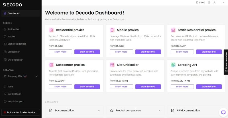Decodo dashboard