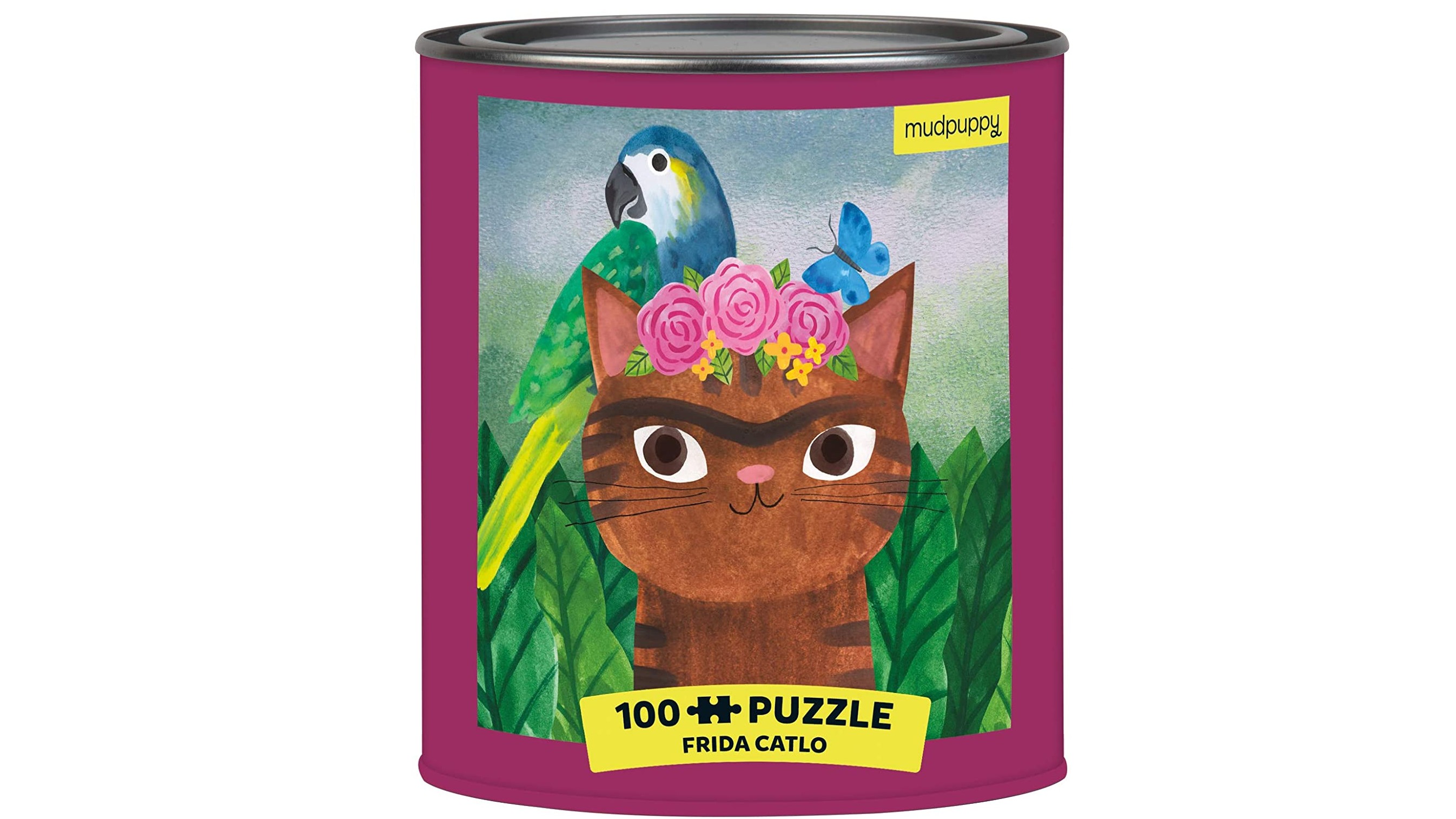 Jigsaw puzzle tin featuring cartoon of a cat and a parrot