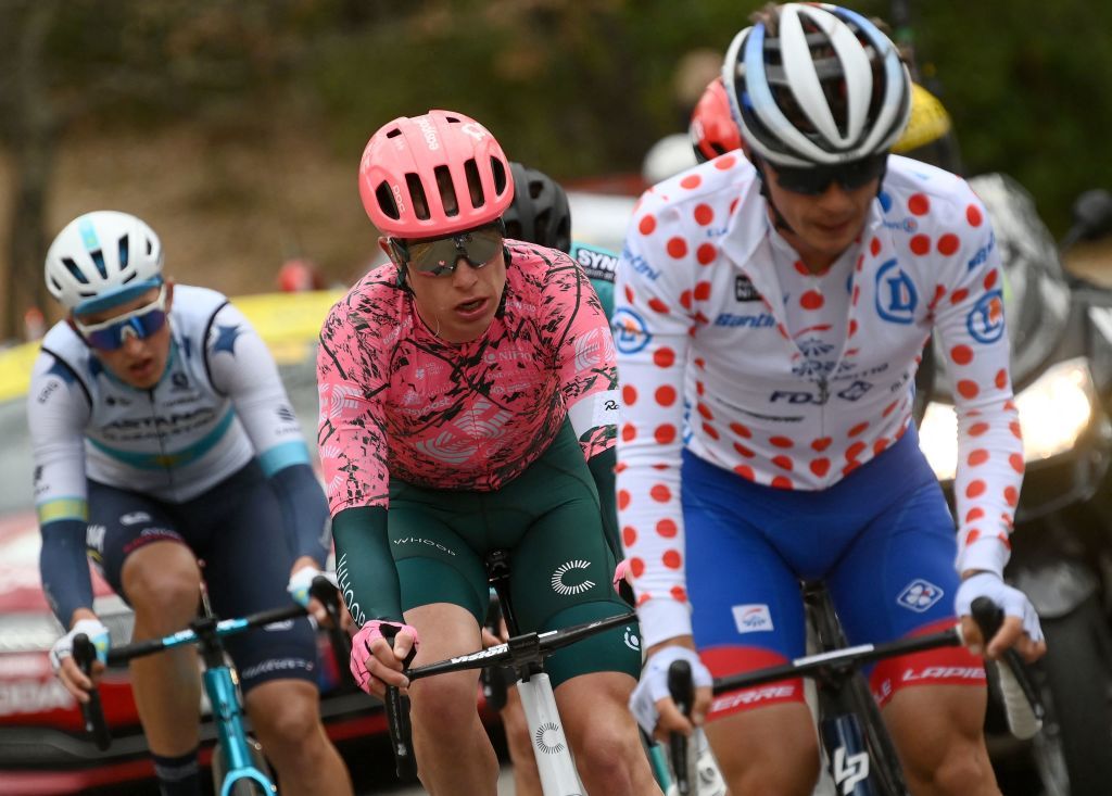 Astana Qazaqstan Teams Kazakh rider Yevgeniy Fedorov L EF EducationEasyPosts Dutch rider Julius van den Berg C and GroupamaFDJs French rider and best climbers polka dot jersey Valentin Madouas R take part in a breakaway during the 6th stage of the 80th Paris Nice cycling race 214 km between Courthezon and Aubagne on March 11 2022 Photo by FRANCK FIFE AFP Photo by FRANCK FIFEAFP via Getty Images