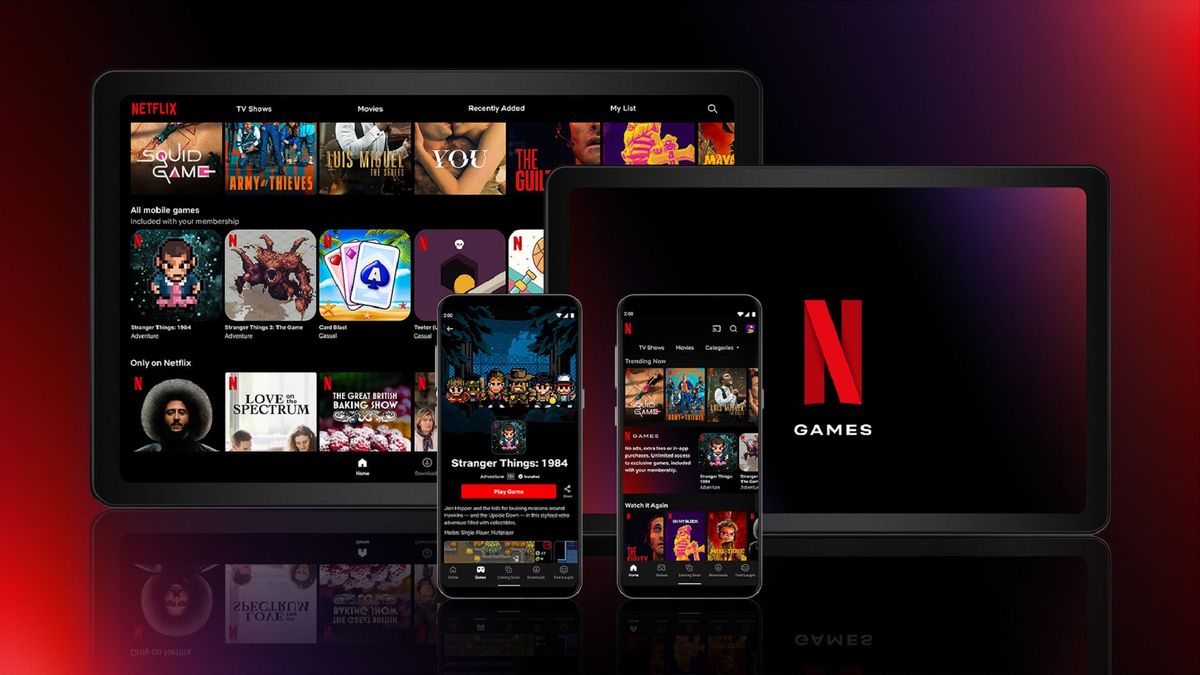 Netflix Games image showing library of titles on mobile and tablet.