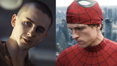 Timoth&eacute;e Chalamet, with shaved eyes and blue eyes, in Dune: Part 3 (2026); Tom Holland's Peter Parker, with a masked rolled up to reveal his face, in Spider-Man: Brand New Day (2026).
