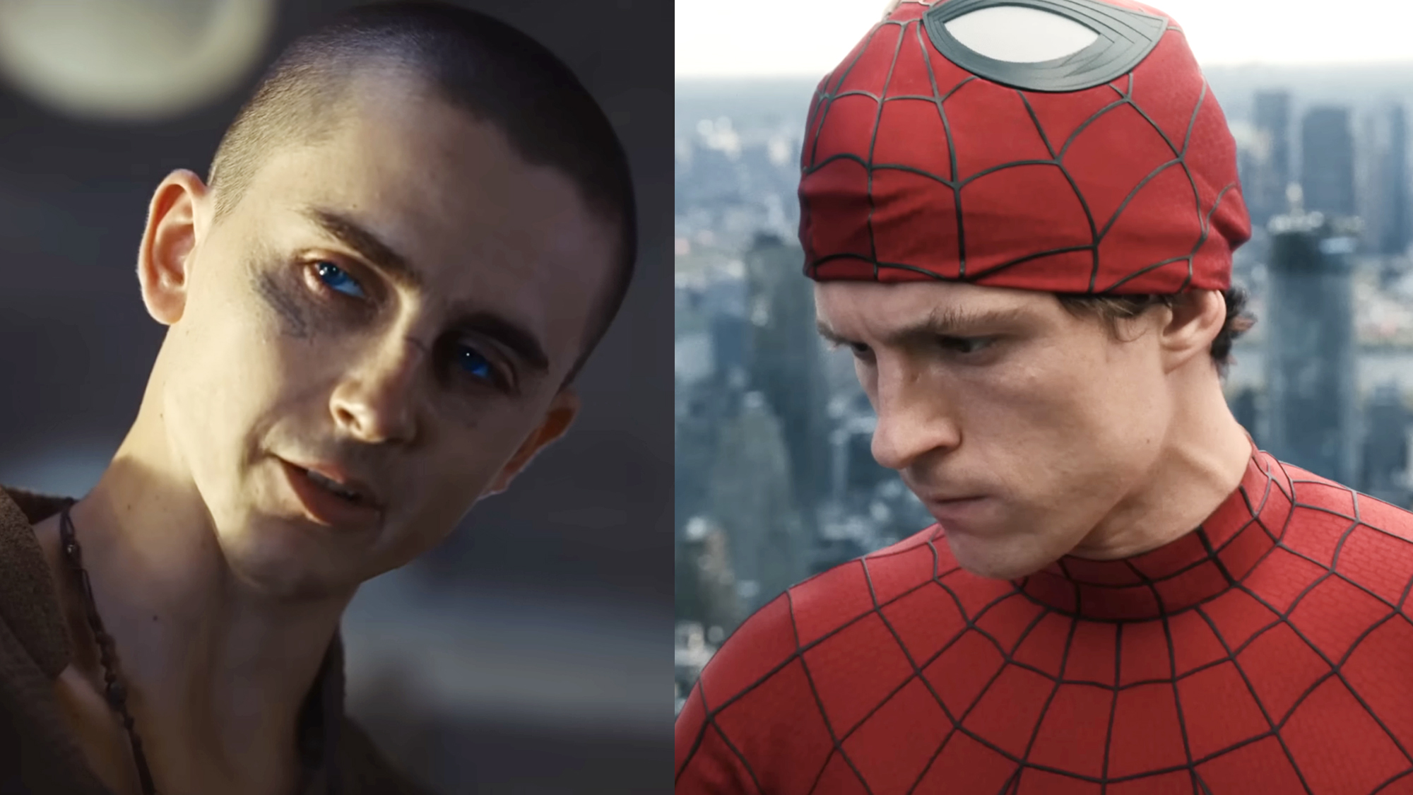 Timoth&eacute;e Chalamet, with shaved eyes and blue eyes, in Dune: Part 3 (2026); Tom Holland's Peter Parker, with a masked rolled up to reveal his face, in Spider-Man: Brand New Day (2026).