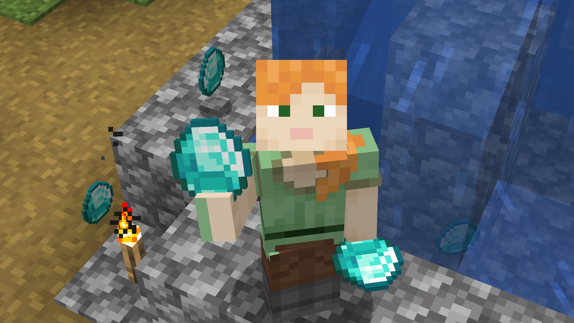 Minecraft commands - Alex holds two diamonds in a village.