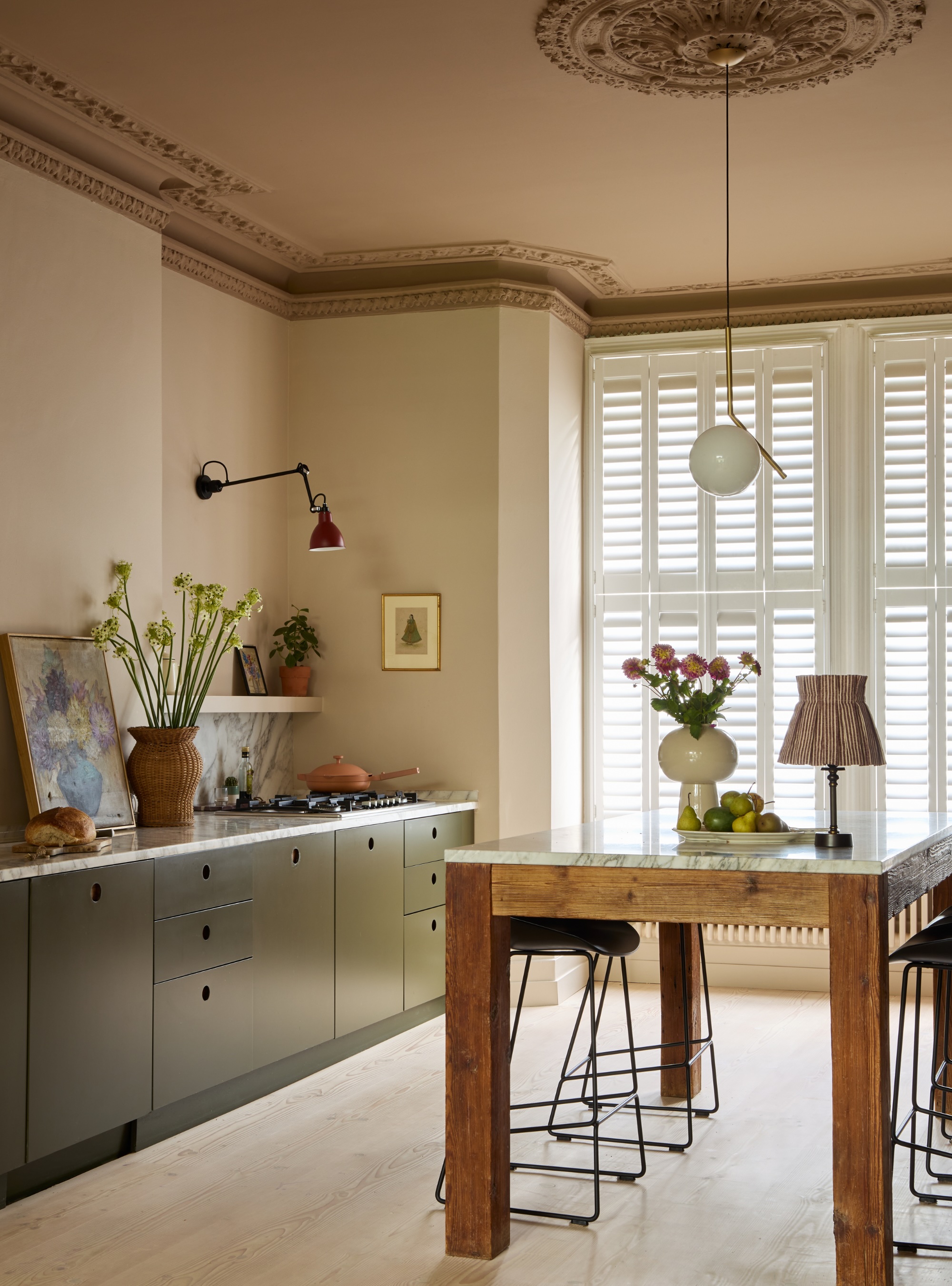 Taupe kitchen with painted ceiling by Laura Stephens