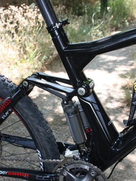 The seat tube is offset far forward to make room for the rear shock.
