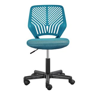 A turquoise office chair with cut-outs in the back