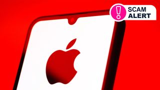 An iPhone with an Apple logo on a red background