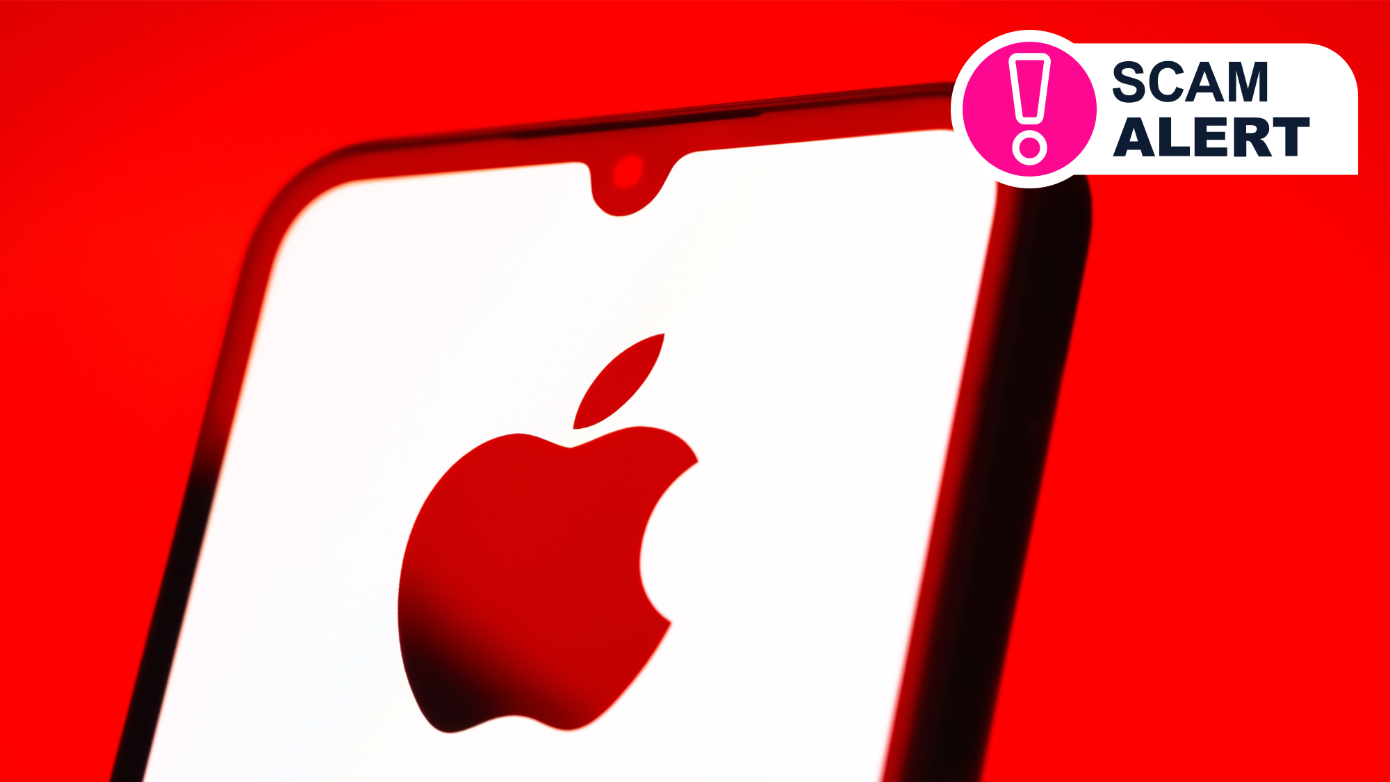 An iPhone with an Apple logo on a red background
