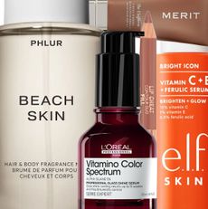 Product collage of Phlur Beach skin body mist, Merit The Uniform tinted sunscreen, L'Oréal Professionnel Vitamino Color Spectrum Glass Shine Hair Serum, E.l.f. Skin Bright Icon Vitamin C + E + Ferulic Serum, and Charlotte Tilbury Super Nudes Lip Cheat Contour Duo Lip Liner