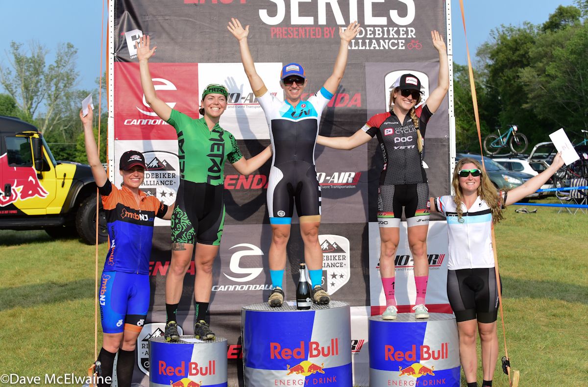 Womens podium: (L to R) Kristine Contento-Angeli (MTBNJ) 4th, Amy Horstemeyer (Twin Six) 3rd, Megan Chinburg 1st, Ellen Noble (Competitive Cyclist) 2nd, Catherine Harnden 5th