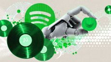 A collage featuring a record, the Spotify logo, and a robotic hand holding a green cowboy hat