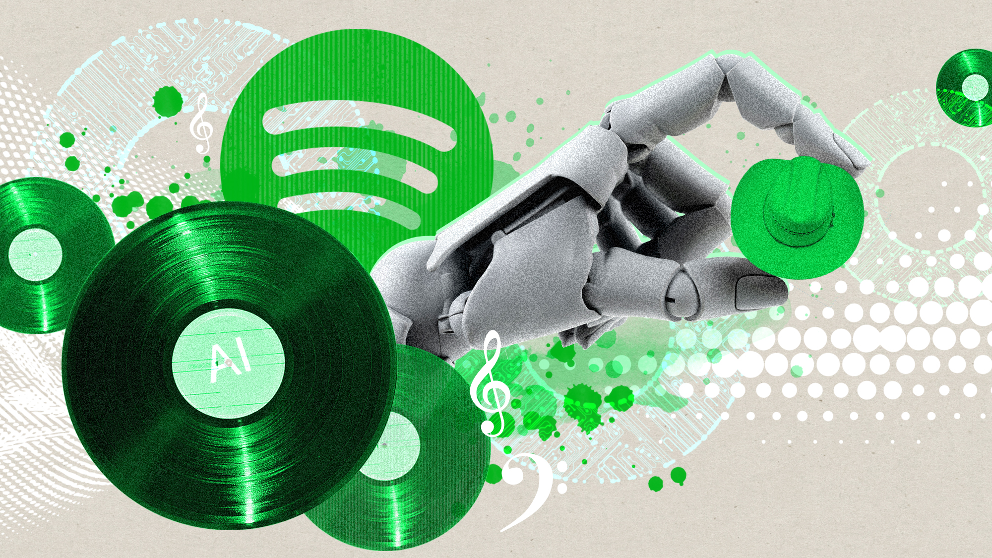 A collage featuring a record, the Spotify logo, and a robotic hand holding a green cowboy hat