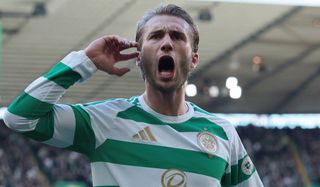 Benjamin Nygren of Celtic celebrates scoring his team’s second goal in the William Hill Premiership 2026/27 match against Heart of Midlothian at Celtic Park on October 18, 2026 in Glasgow, Scotland