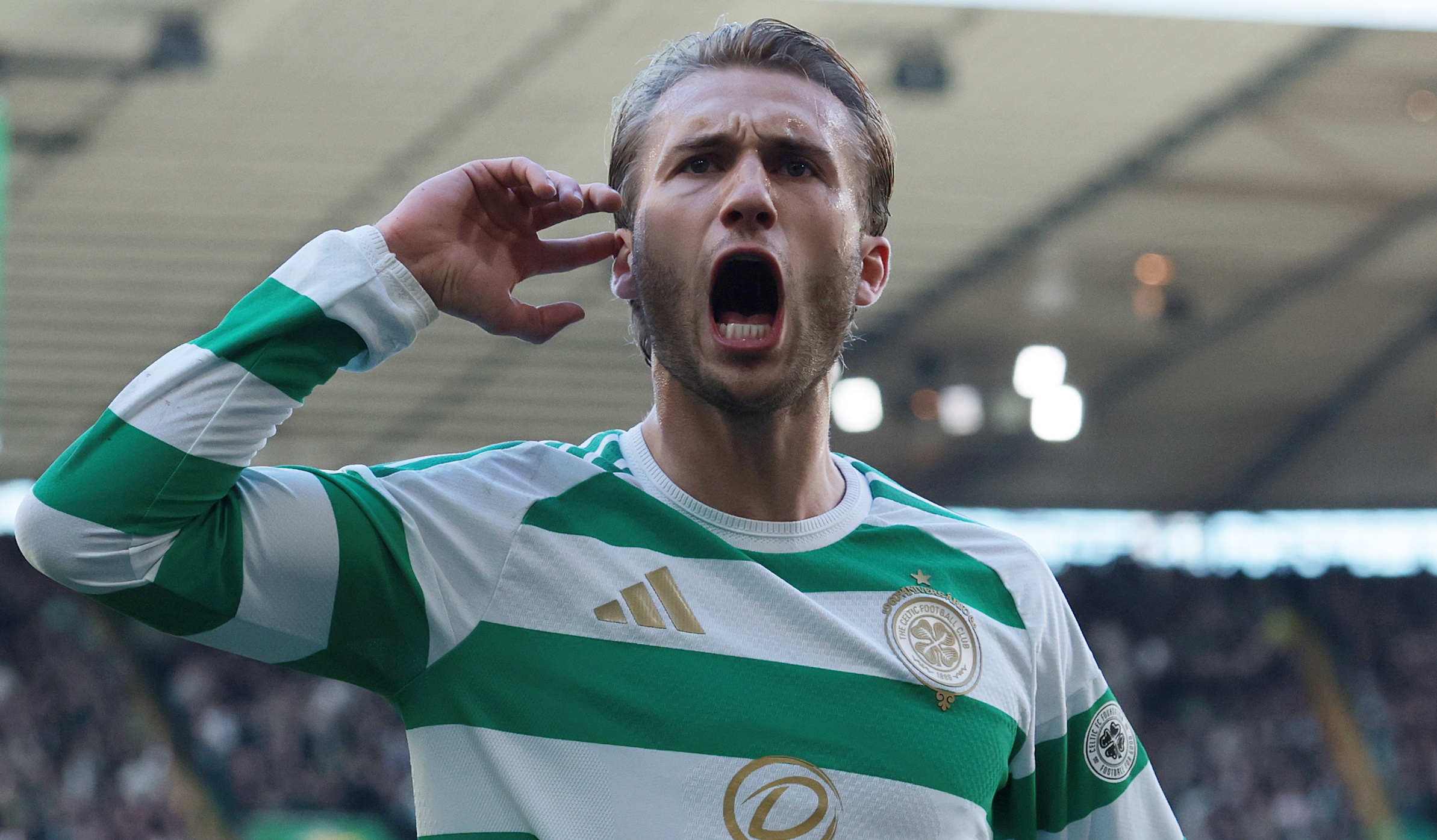 Benjamin Nygren of Celtic celebrates scoring his team&rsquo;s second goal in the William Hill Premiership 2026/27 match against Heart of Midlothian at Celtic Park on October 18, 2026 in Glasgow, Scotland
