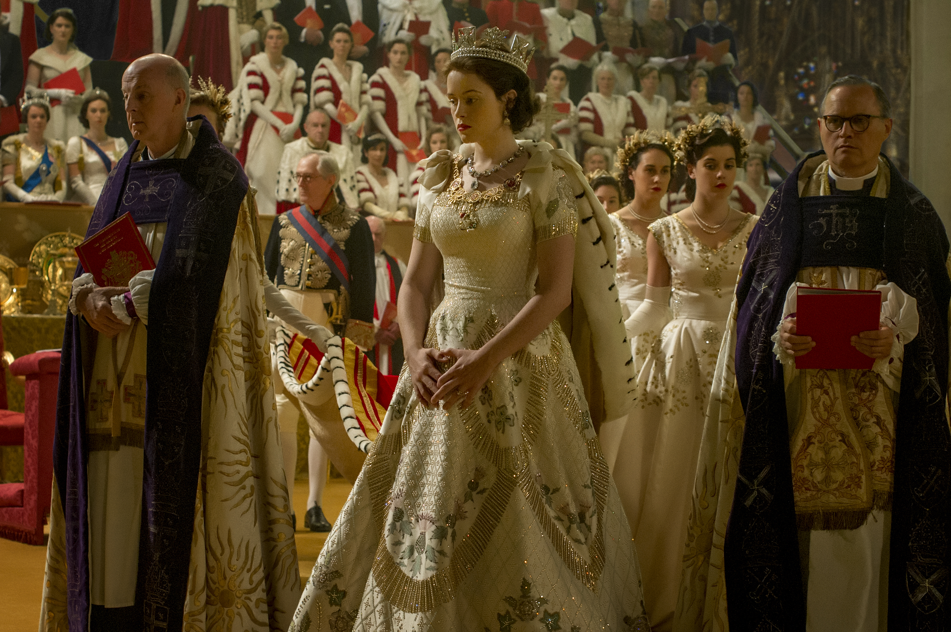 Queen Elizabeth on her coronation day in a scene from The Crown