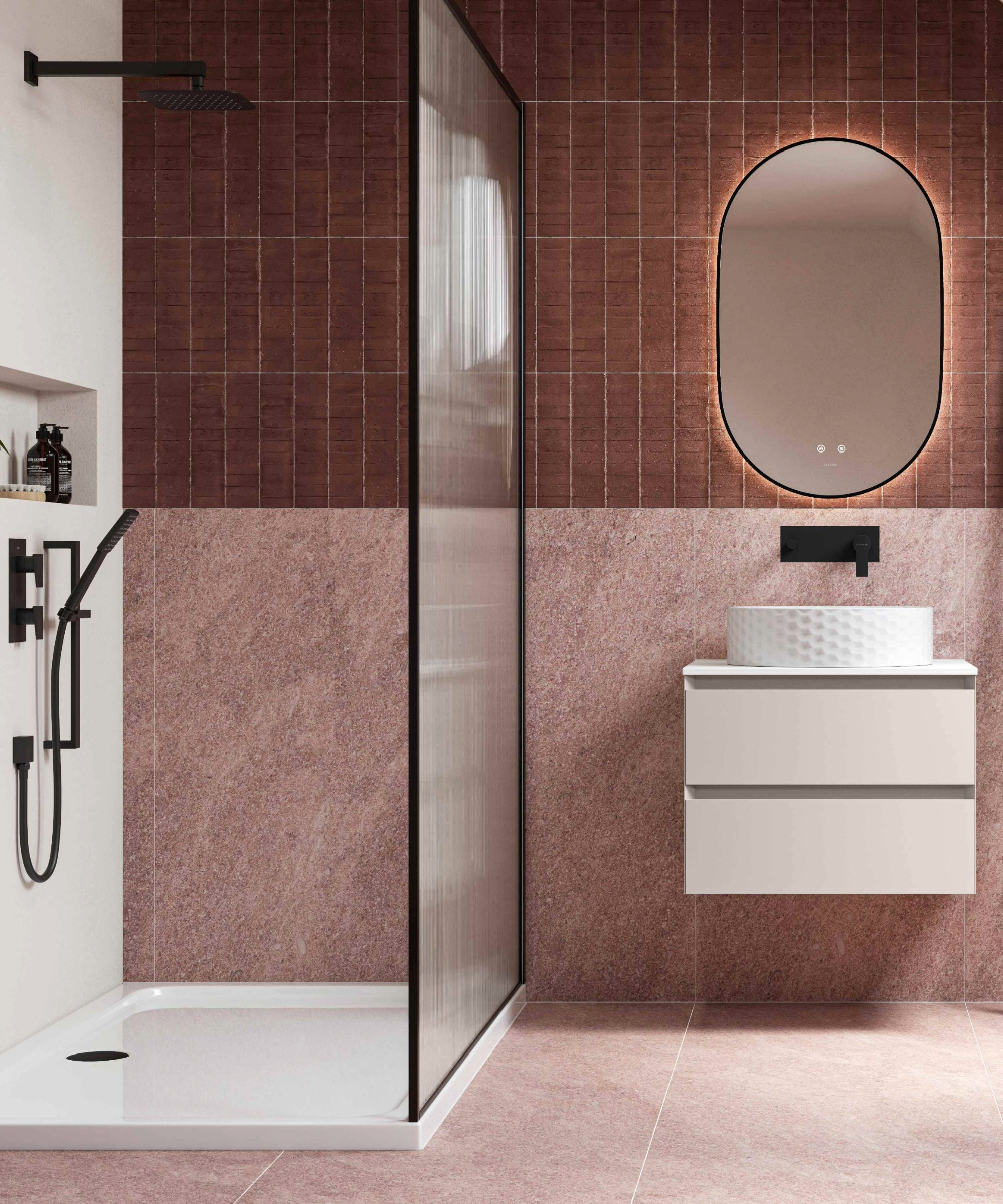 Bathroom with floor tiles carried halfway up the wall