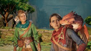 Promotional screenshot of Mio and Zoe finding baby dragons in Split Fiction.