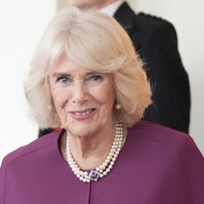 A headshot of Queen Camilla, who is smiling in a purple coat and pearl necklace 