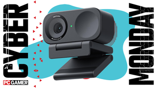 A webcam on a blue Cyber Monday background.