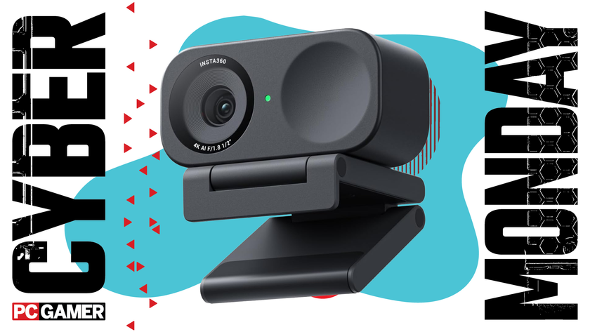 A webcam on a blue Cyber Monday background.