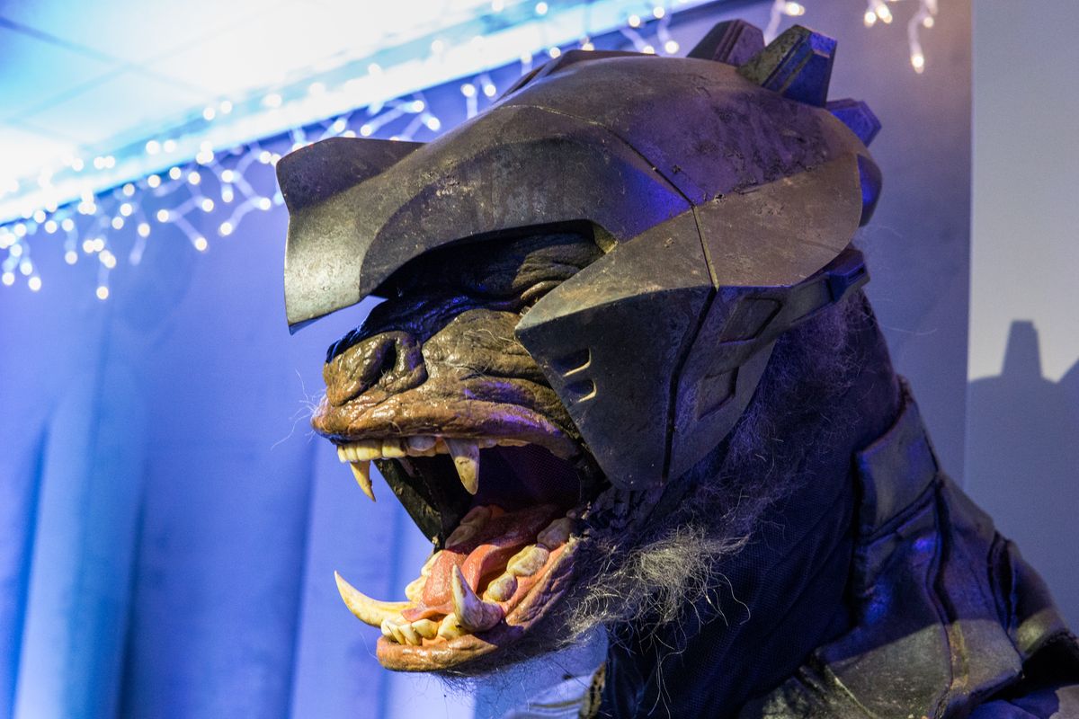 A Brute costume used in the 2009 "We are ODST" commercial. Someone wore this! Unfortunately it spent several years in storage and the "skin" has deteriorated, but now that it's on display 343 hopes to repair the damage.