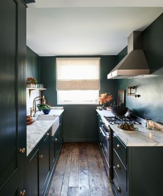 A wood and dark green galley kitchen