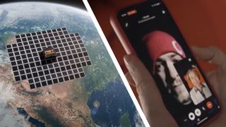 A satellite over the earth next to hands holding as phone making a satellite video call with a man in Wales.