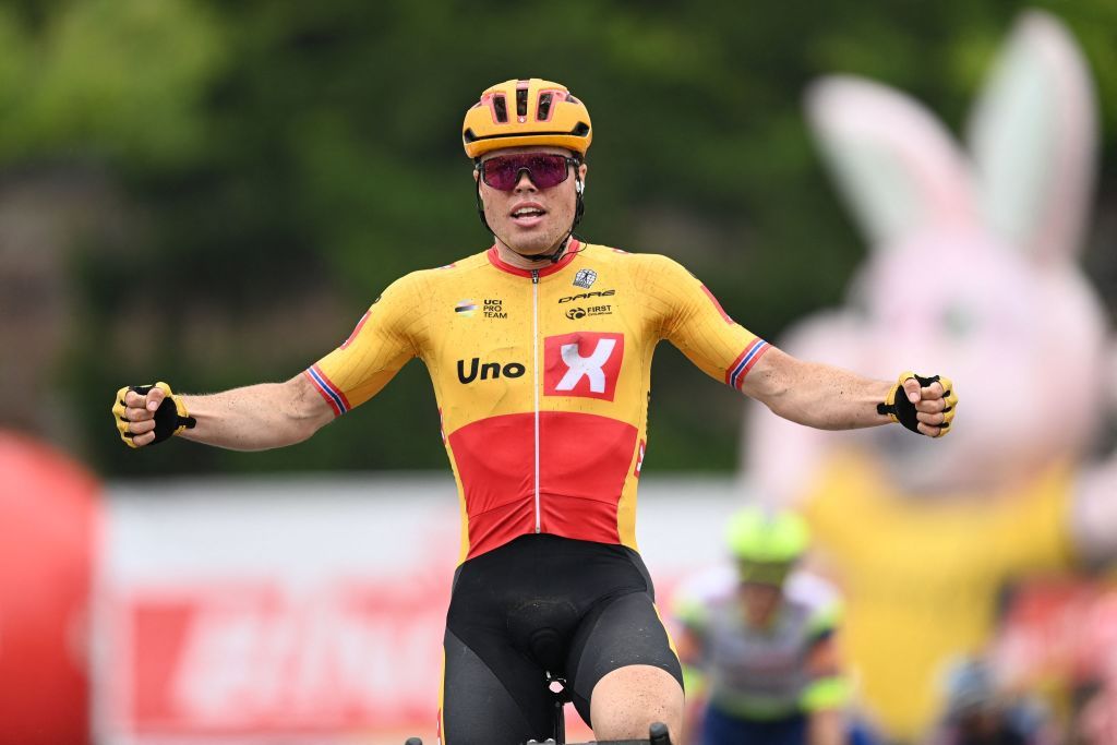 Norwegian Rasmus Tiller of UnoX celebrates after winning the Dwars Door Het Hageland 