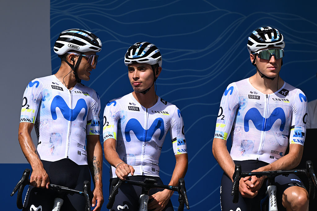VIZILLE, FRANCE - JUNE 07: Diego Pescador of Colombia and Team Movistar (C) prior to the 78th Tour Auvergne-Rhone-Alpes 2026, Stage 1 a 146.2km stage from Vizille to Saint-Ismier / #UCIWT / on June 07, 2026 in Vizille, France. (Photo by Dario Belingheri/Getty Images)