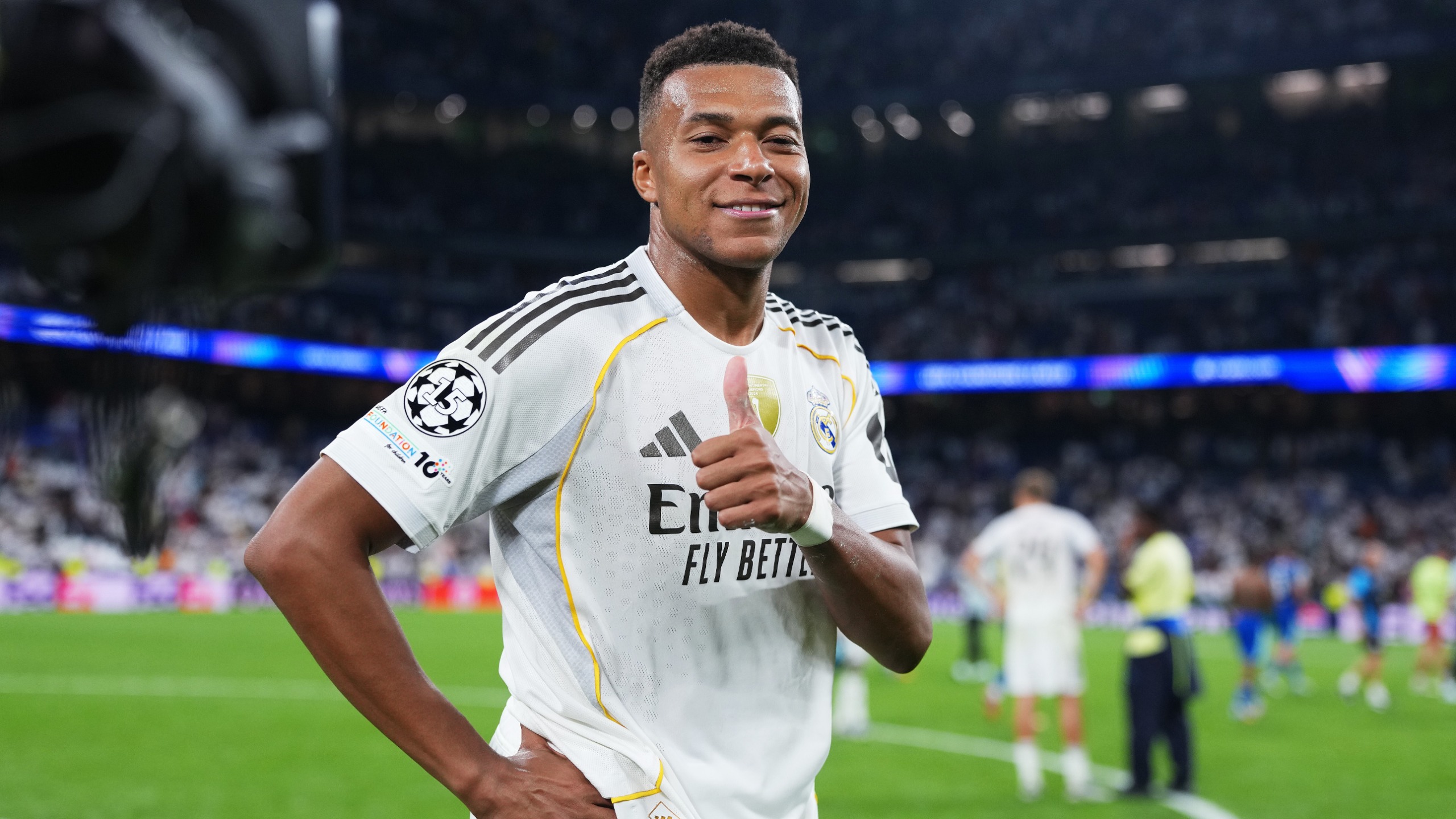 Kylian Mbappe of Real Madrid celebrates after the team's victory in the UEFA Champions League 2025/26 League Phase MD1 match between Real Madrid C.F. and Olympique de Marseill