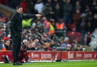 Aston Villa manager Steven Gerrard gestures on the touchline at Anfield