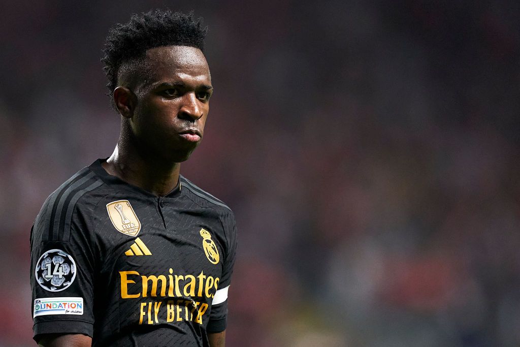 Vinicius Junior of Real Madrid looks on during the UEFA Champions League match between SC Braga and Real Madrid at Estadio Municipal de Braga on October 24, 2023 in Braga, Portugal. (Photo by Jose Manuel Alvarez/Quality Sport Images/Getty Images)