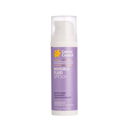 Cancer Council Invisible Fluid Face Sunscreen, Spf50+, Face Moisturizer Sun Care With Jojoba Oil, Vitamin E, Broad Spectrum Uva/uvb Sun Protection, Oily Sensitive Skin, Paraben &amp;amp; Fragrance Free, 50ml