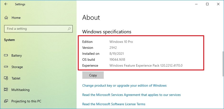 Windows 10 Specifications details