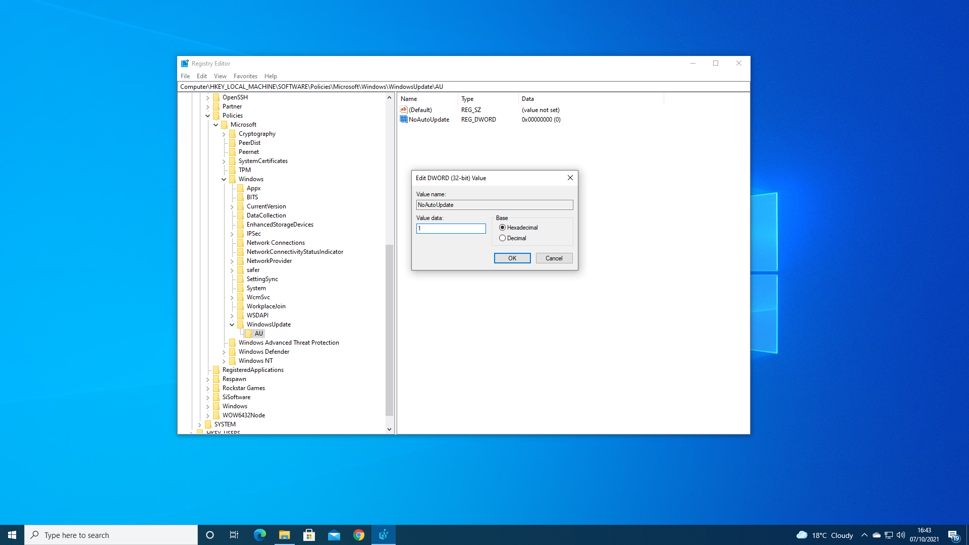 Creating registry keys to stop Windows Update