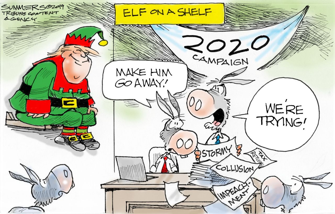 Political Cartoon U.S. Democrats 2020 Elf on a Shelf Trump Campaign