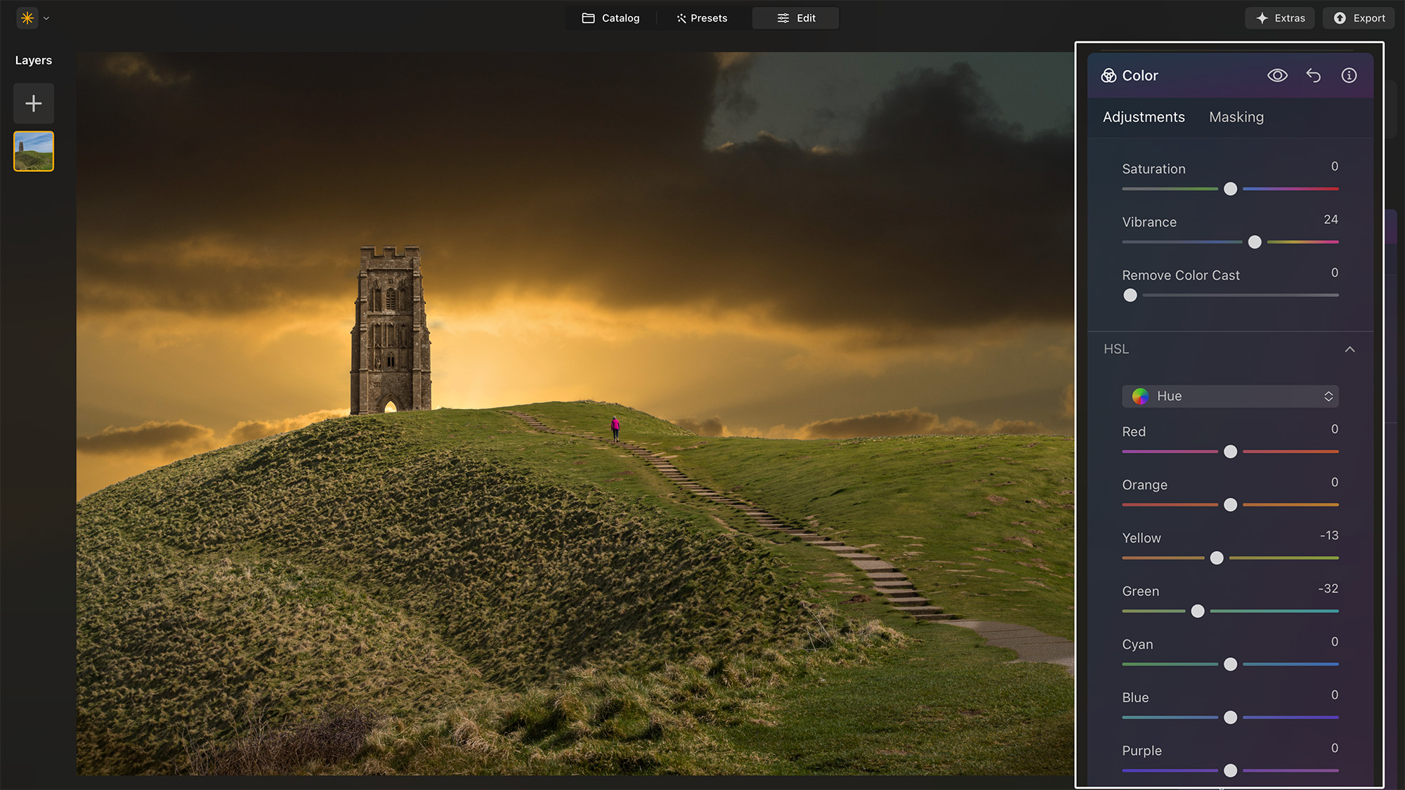 Luminar Neo screenshot showing historic building on hill with sunset sky